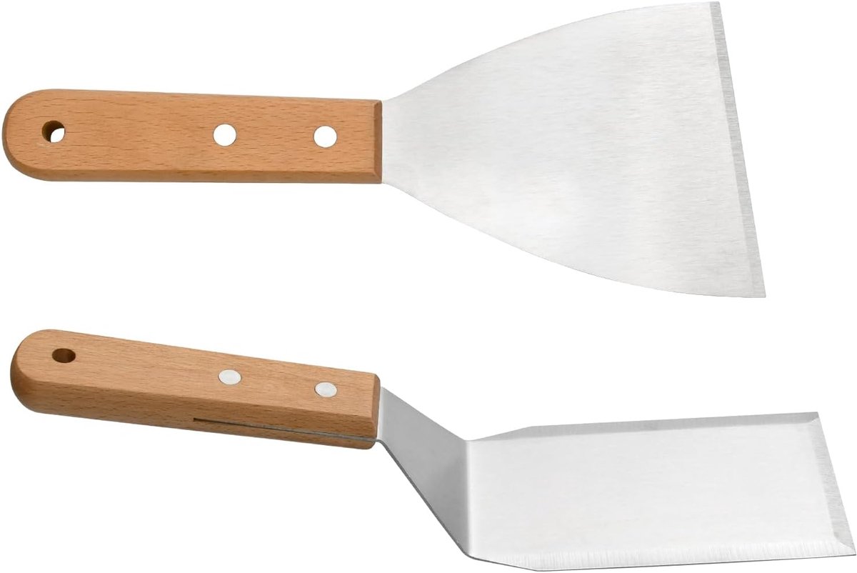 SnelShoppen - 2pcs Planchasspatula set met houten handvat, roestvrijstalen grill spatula, hittebestendig en anti-roest voor bakken, grillen, hamburger