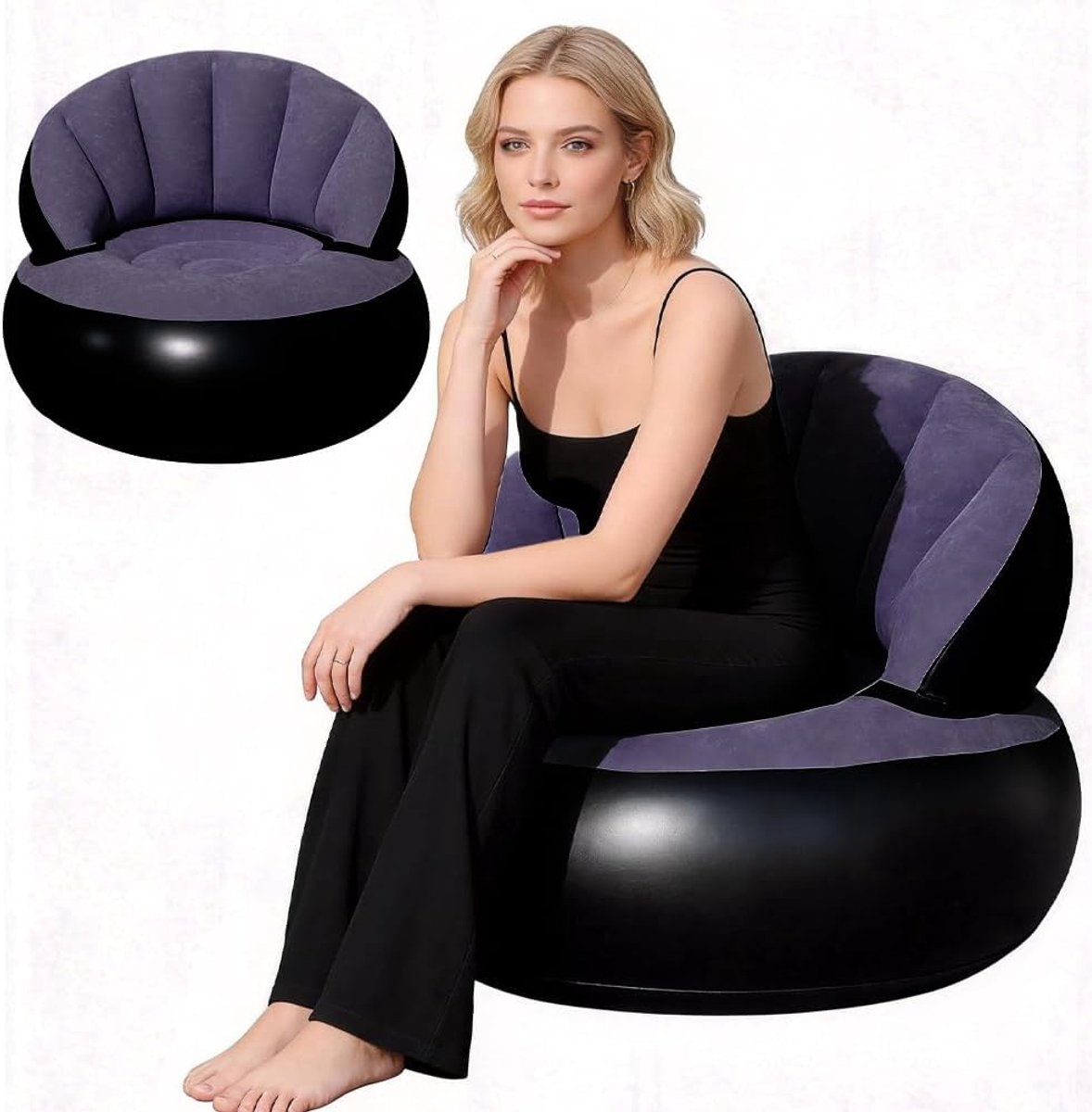 SnelShoppen - Inflatable Sofa 2 in 1 - Ergonomisch Zitzak - Waterdicht Flockoppervlak - Portable Stoel met Pomp - Donkerblauw - Voor Woonkamer, Campin