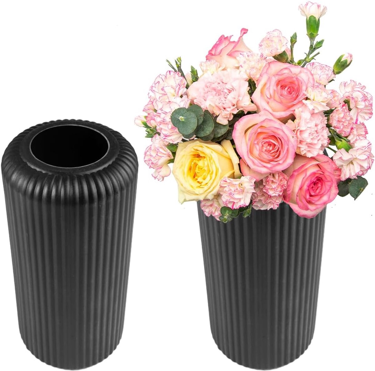 SnelShoppen - 2x Plastic Vaas 20x10cm Zwart, Moderne Gestreepte Vazen, Onbreekbaar Decoratieve Bloemenvazen voor Woonkamer, Kantoor, Feest, Kindvriend