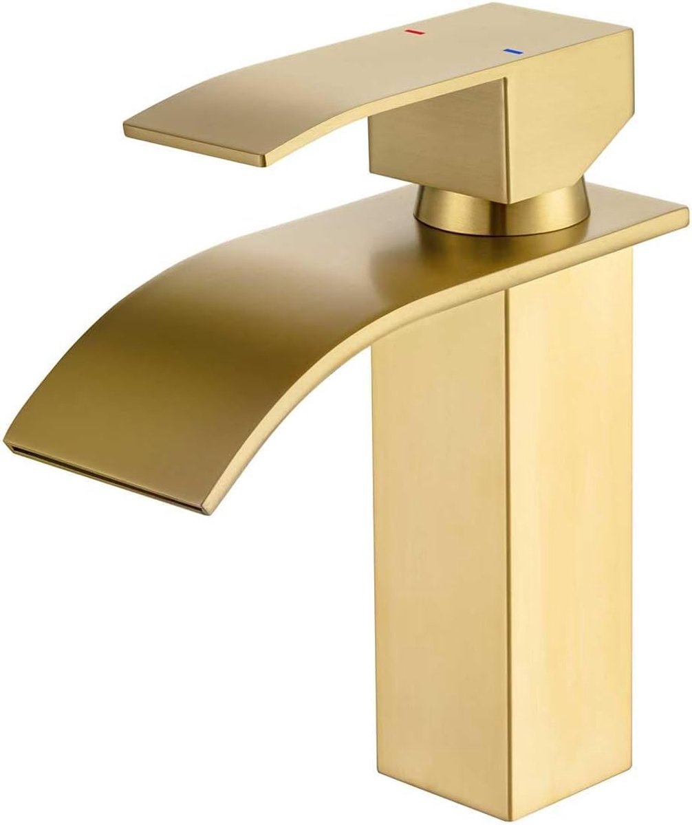SnelShoppen - Watervalkraan Goud, Verstelbare Temperatuur, Eengats Messing Wastafelkraan, Keramische Ventielkern, 304 Roestvrij Staal, Luxe Badkamer M