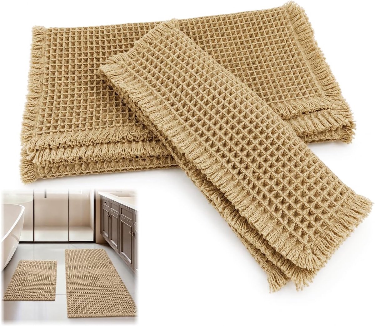 SnelShoppen - 2-delige badmatset boho-stijl - antislip wafelbadmat, sneldrogend en wasbaar - moderne badmat bruin voor badkamer, toilet en hal (43 x 6