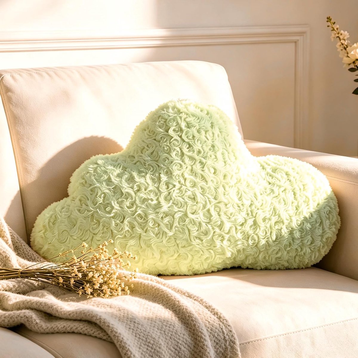 SnelShoppen - Wolkenkussen Groen - Pluche Wolkenvormig Knuffelkussen - Schattig Sierkussen voor Woonkamer, Kinderkamer en Slaapkamer - 54 x 33 cm - Pe