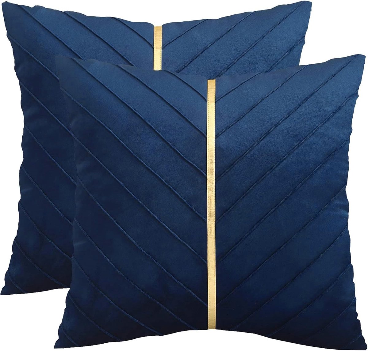 SnelShoppen - Set van 2 Navy Velvet Kussenhoezen 45x45 cm met Gouden Lederen Accenten - Luxe Decoratieve Kussens voor Woonkamer en Slaapkamer - Modern