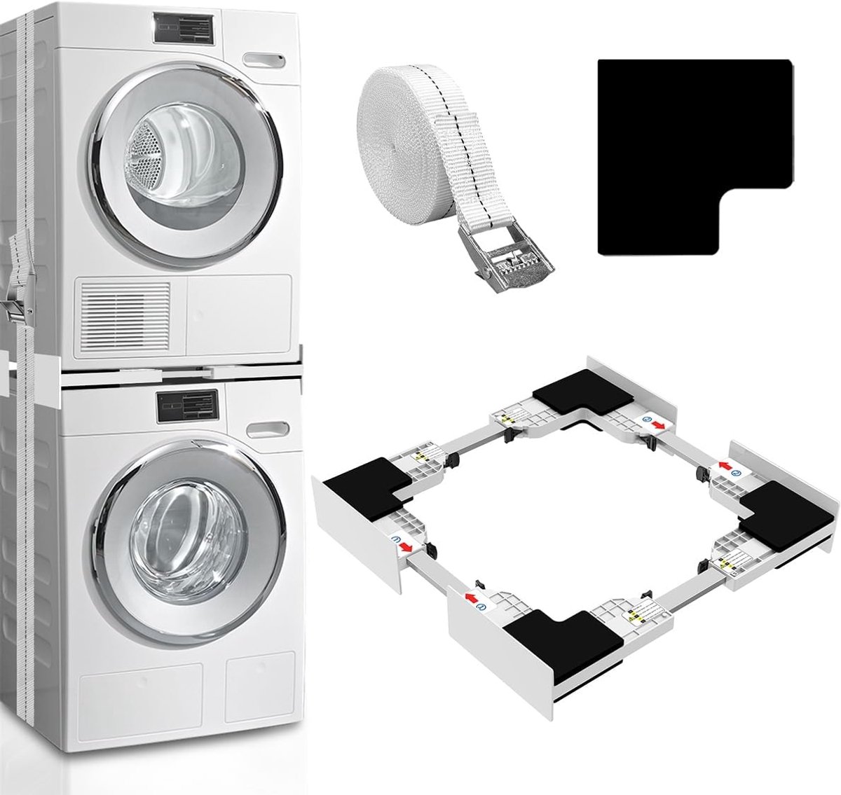 SnelShoppen - Universele Stacking Kit voor Wasmachine en Droger, Verbindingframe met Ratchet Rope, Wit, 46-66 cm, Hoogwaardige Materialen, Duurzaam en
