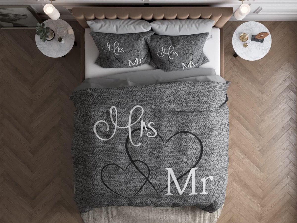 SnelShoppen - Luxe Slaapset voor Koppels - Mr. en Mrs. Dekbedovertrek 200x200 cm - Grijs - 100% Katoen - Inclusief 2 Kussenslopen 80x80 cm - Ademend e