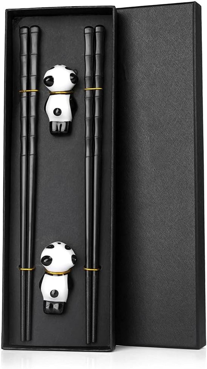 SnelShoppen - Japanese Black Fiberglass Chopsticks 2 Paar met 2 Panda Ceramische Kussens, Herbruikbare Sushi Sticks, Vaatwasserbestendig in Geschenkdo