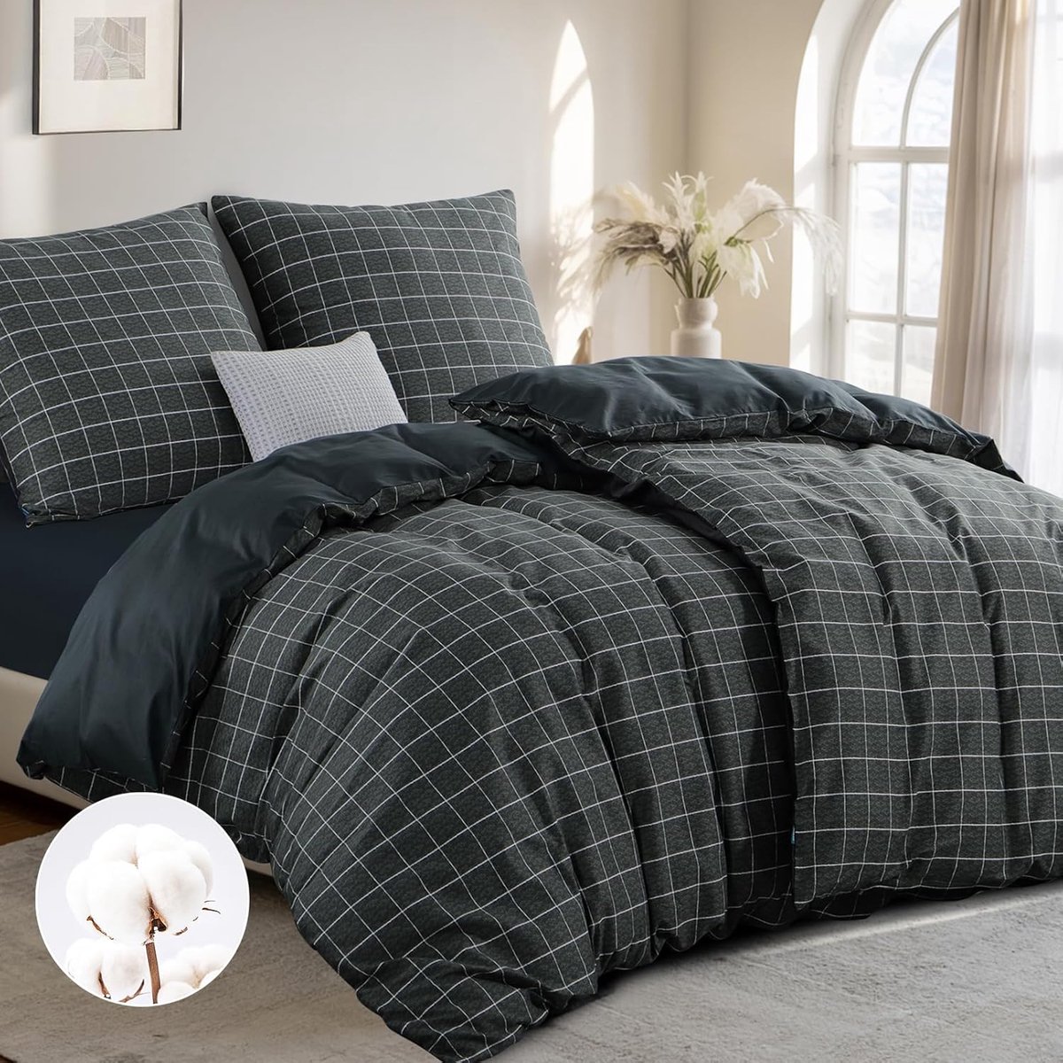 SnelShoppen - Bedlinnen 135x200 cm 4-delig Katoen Antraciet met Ruitpatroon - Duvet Dekbedovertrek Set met Rits - Ademend en Warmteregulerend