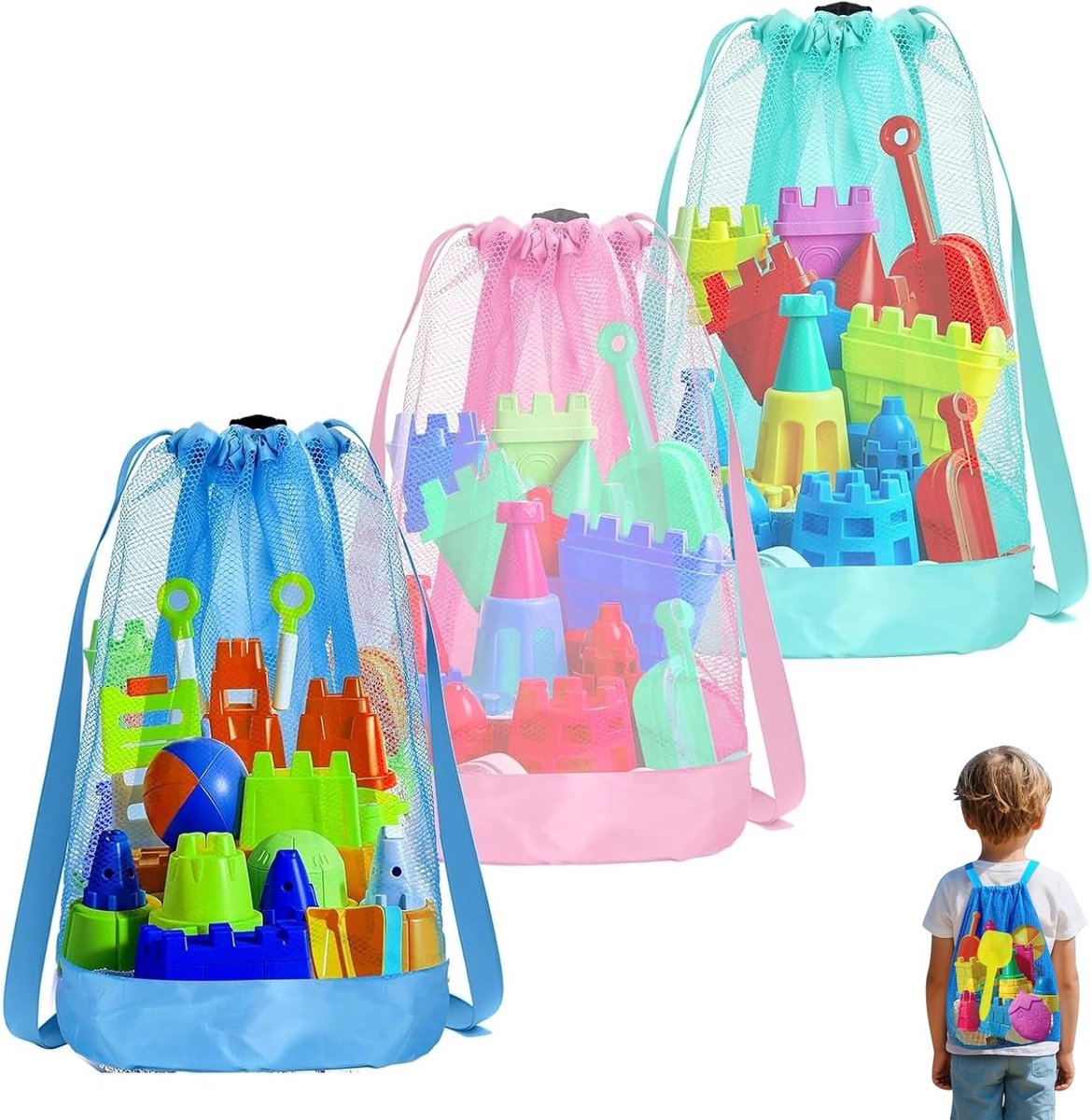 SnelShoppen - 3 Stuks Strand Speelgoed Tassen Draagbare Vouwbare Speelgoedtas Zandtas Mesh Strandtas Herbruikbaar voor Kinderen Op Reis Vakantie Opsla