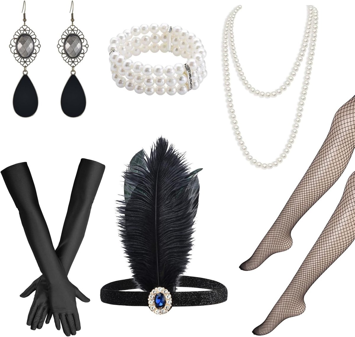 Elegante accessoires voor de jaren '20, inclusief hoofdband, lange handschoenen, ketting en visnetkousen voor feesten en thema-avonden