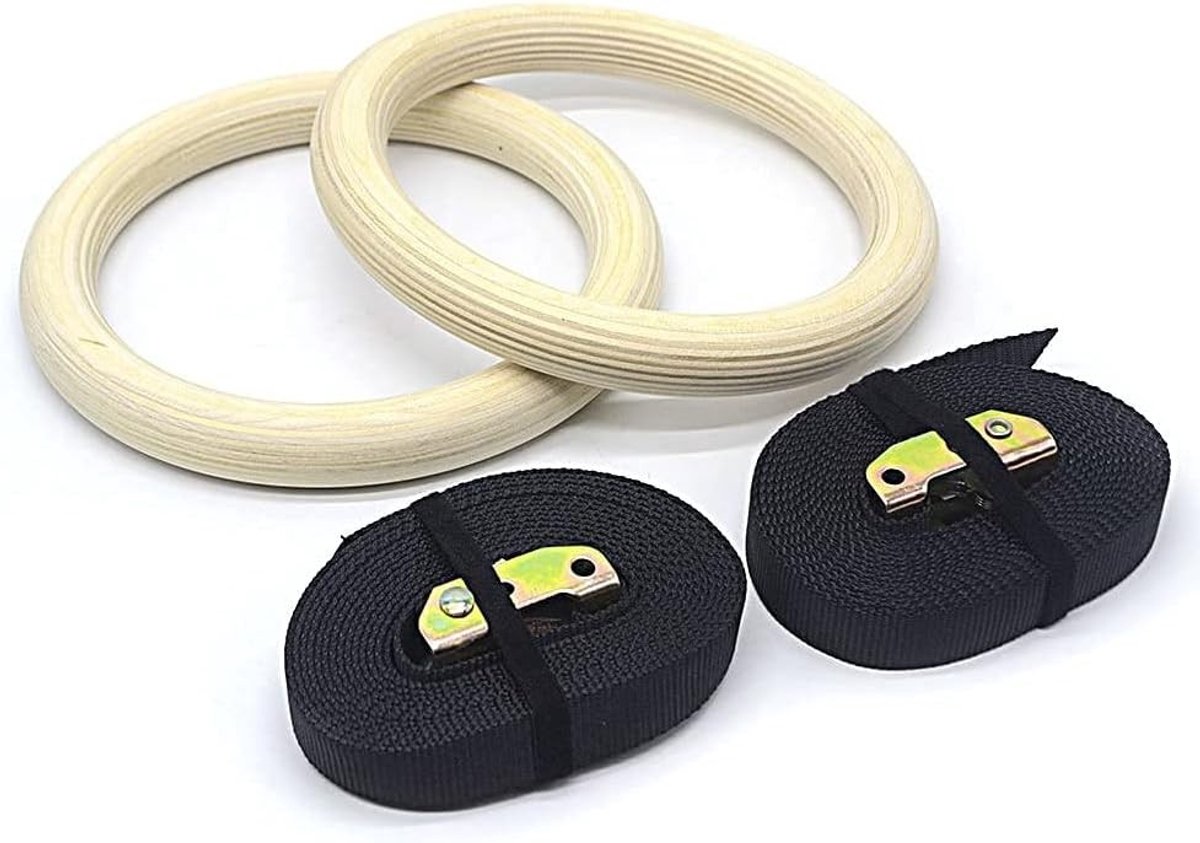 Houten Gymnastiek Ringen voor Crossfit en Thuis Workout - Verstelbare Ringen met Gesp voor Spiertraining en Pull-Ups