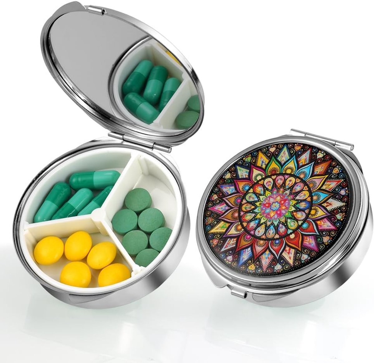 Pillendoos Organizer met 3 Compartimenten, Draagbare Medicijnopslag met Spiegel voor Vitaminen, Supplementen en Reizen