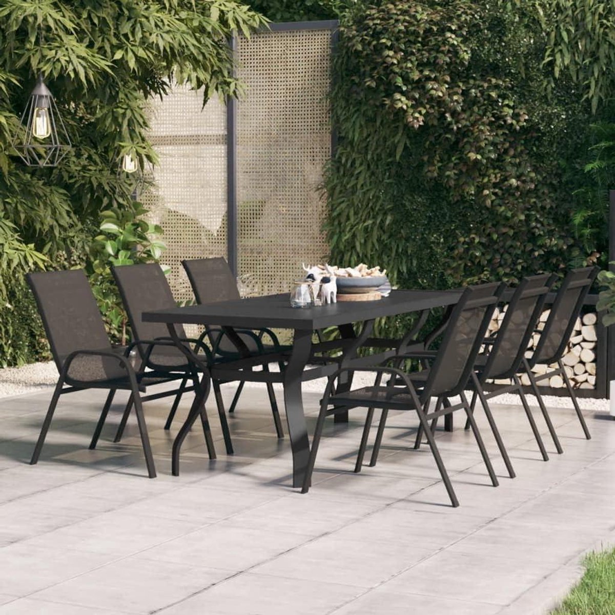Balkontafel Tuinmeubelen - Terrastafel Eettafel - Buiten Dineren - Gehard Glas Tafelblad - 180 x 80 x 70 cm - Zwart