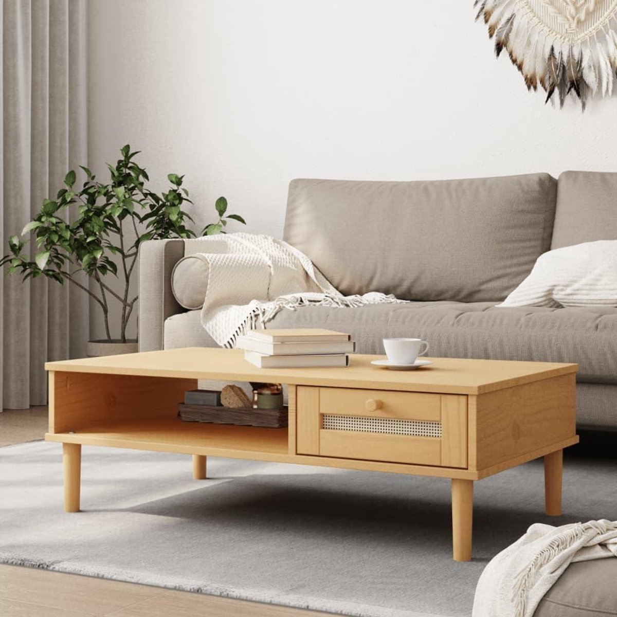 Salontafel Hout - Bijzettafel Rotan - Woonkamer Decoratie - Handgemaakte Rotan-look - 100 x 55 x 33 cm - Bruin