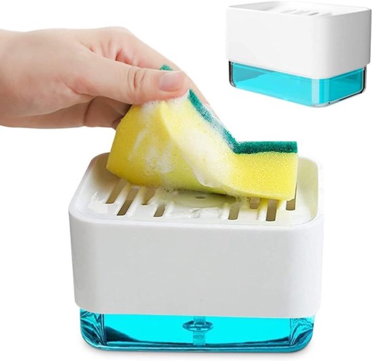 Zeepdispenser met sponshouder, zeepdispenser voor één hand voor de keukenspoel (wit)