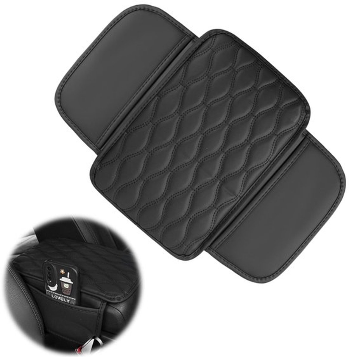 Autoarmleuningbekleding, universele armleuning ondersteunende, universeel, leer, armleuning ondersteunende met 2 opbergvakken, auto-accessoires, interieur, voor de meeste voertuigen, zwart