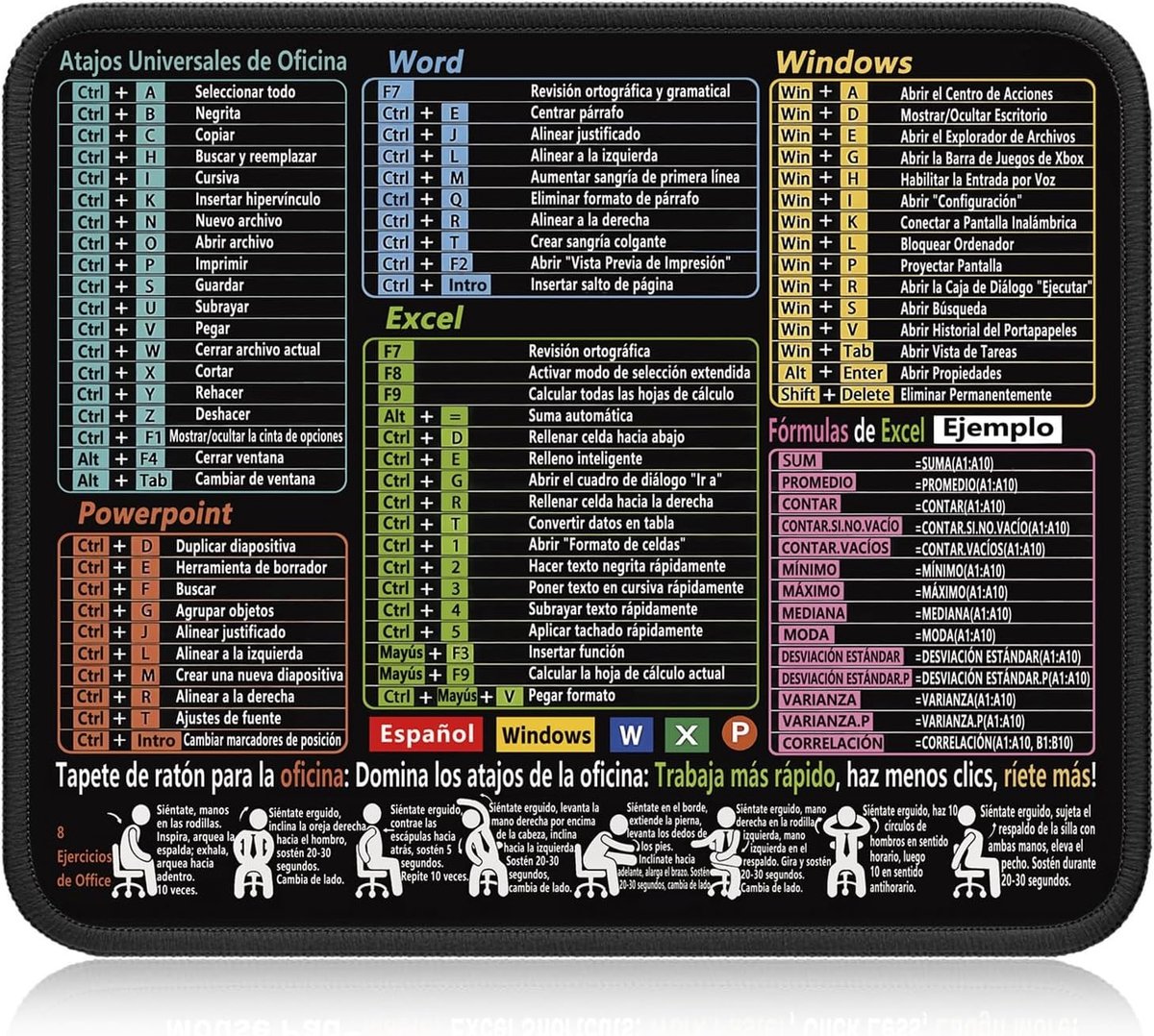 Antislip muismat met afkortingen van Excel, Word en PowerPoint, genaaide randen, 250 x 300 x 2 mm, ideaal voor kantoor en thuisgebruik