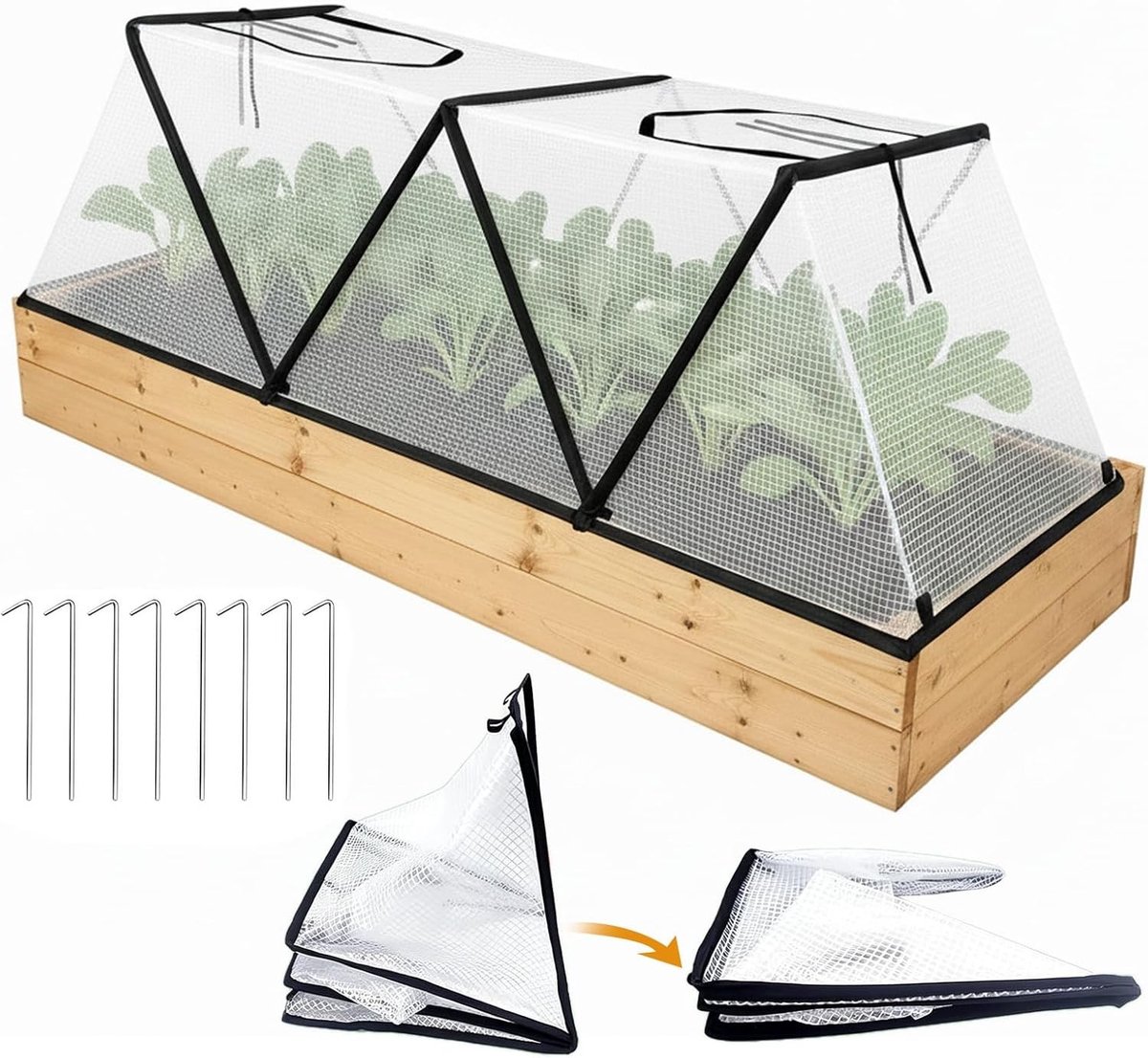 Verhoogde bloembedafdekking met observatievenster, 120 x 33 x 36,5 cm, opvouwbare pvc plantenbeschermkap voor vorstbescherming, tuinplanten en groentebedden