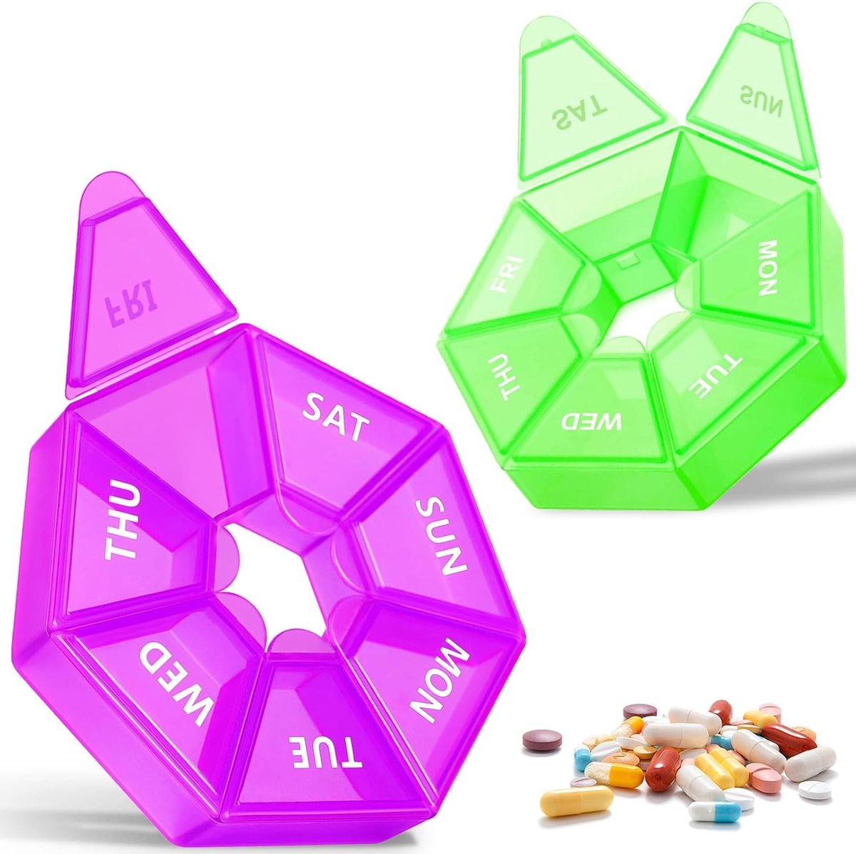 Tabletten Organizer voor 7 Dagen - Set van 2 Ronde Pillendozen, Handig en Vochtbestendig, Ideaal voor Medicijnen en Vitamines (Paars+Groen)