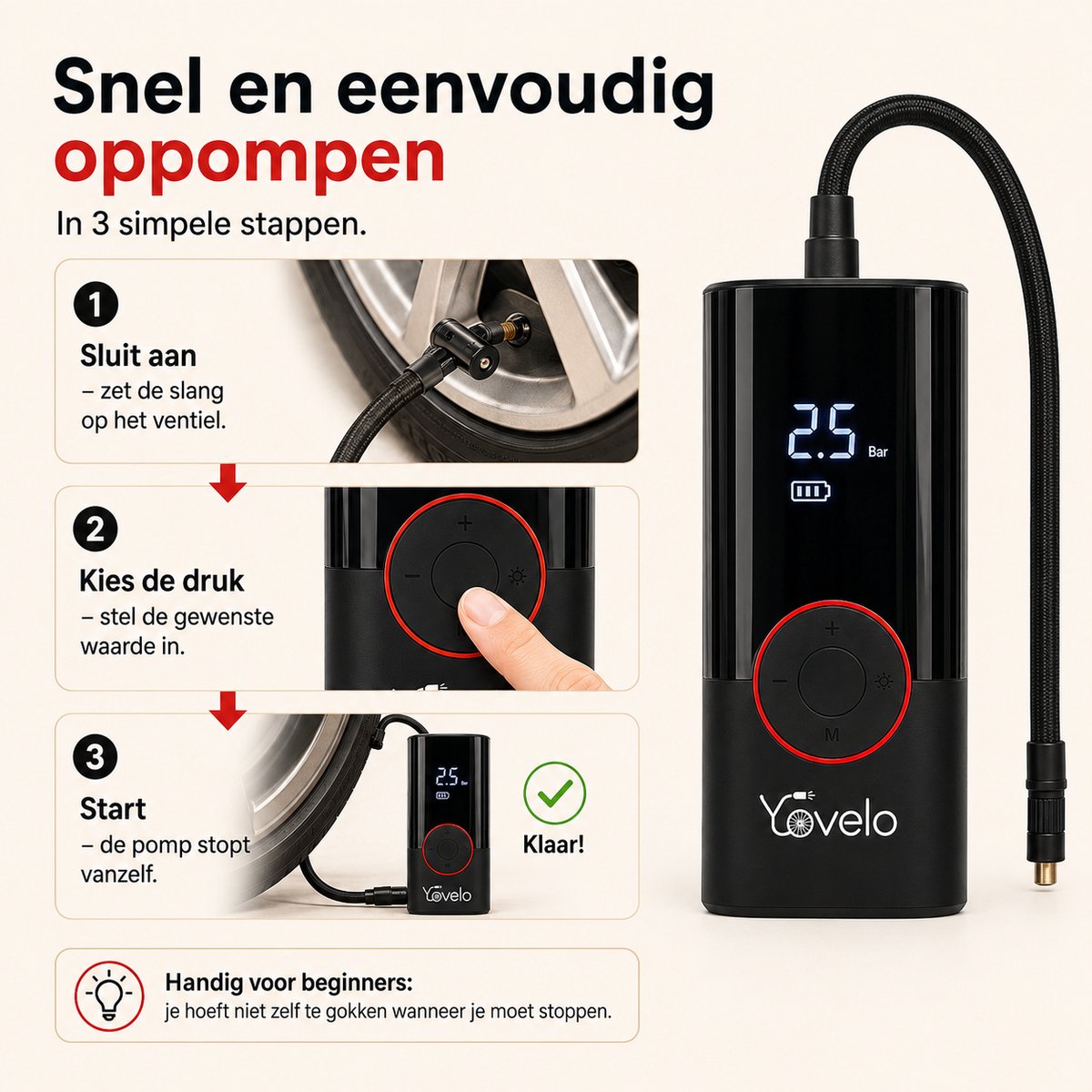 Yovelo® Elektrische Fietspomp & Bandenpomp Auto – Draagbare Mini Compressor 150 PSI – Draadloos Oplaadbaar USB-C – Digitale Drukmeter met Auto Stop – incl. 5 Opzetstukken & Opbergtas thumbnail 6