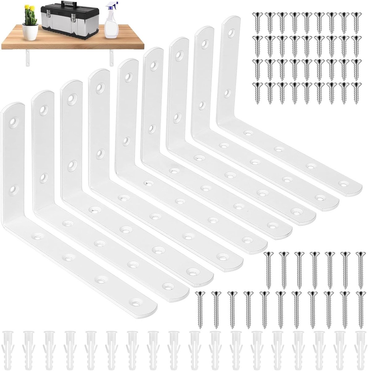 Set van 9 stevige witte wandbeugels voor planken, L-vormige steunbeugels, hoekbeugels met schroeven, 15 x 10 x 2 cm, ideaal voor opslag en decoratie