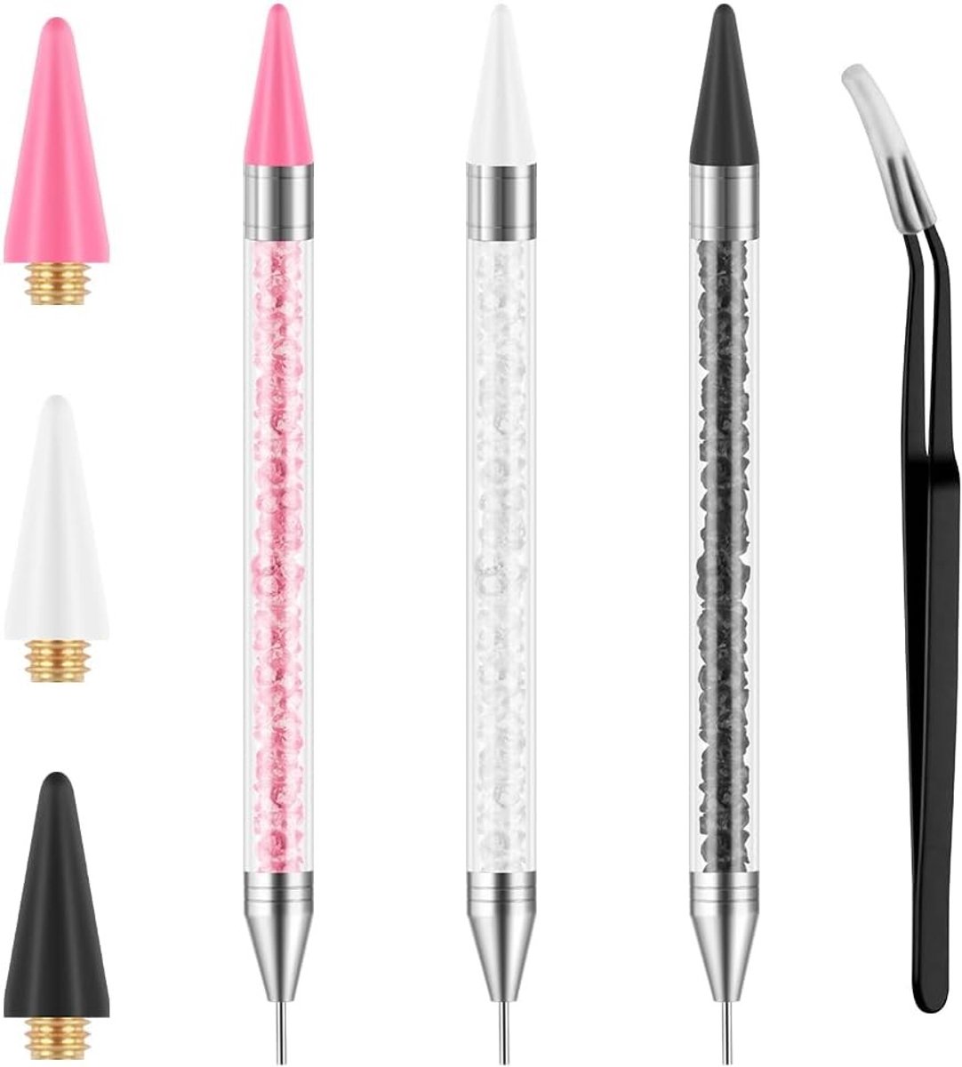 Set van 3 Dubbelzijdige Rhinestone Picker Tools met Extra Wax Tips en Pincet voor het Oppakken van Edelstenen, Kristallen en Studs
