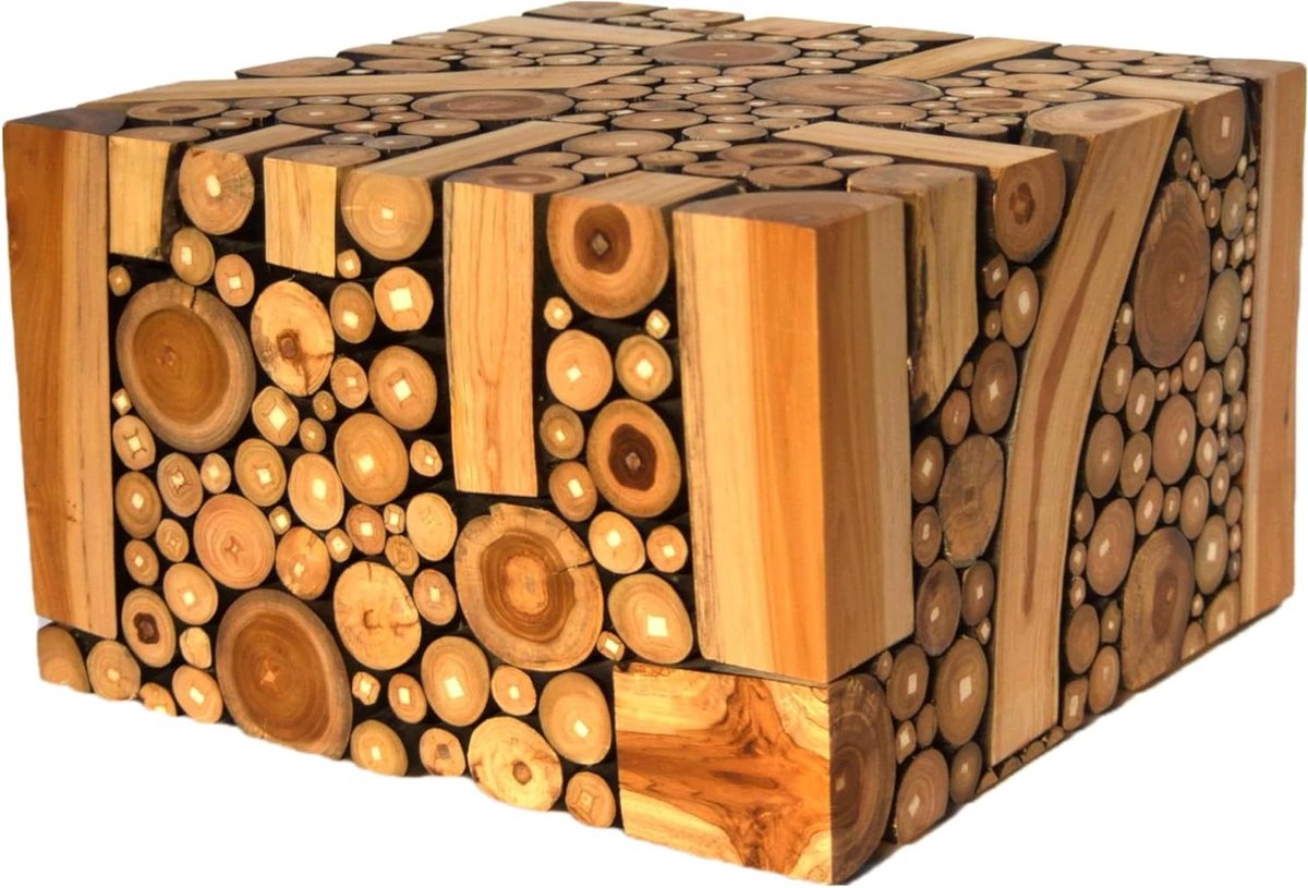 Teakhouten Kruk - Voetenbankje Bijzettafel - Woonkamer Decoratie - Handgemaakt Uniek Stuk - 25x30x30 cm - Natuurlijk Hout