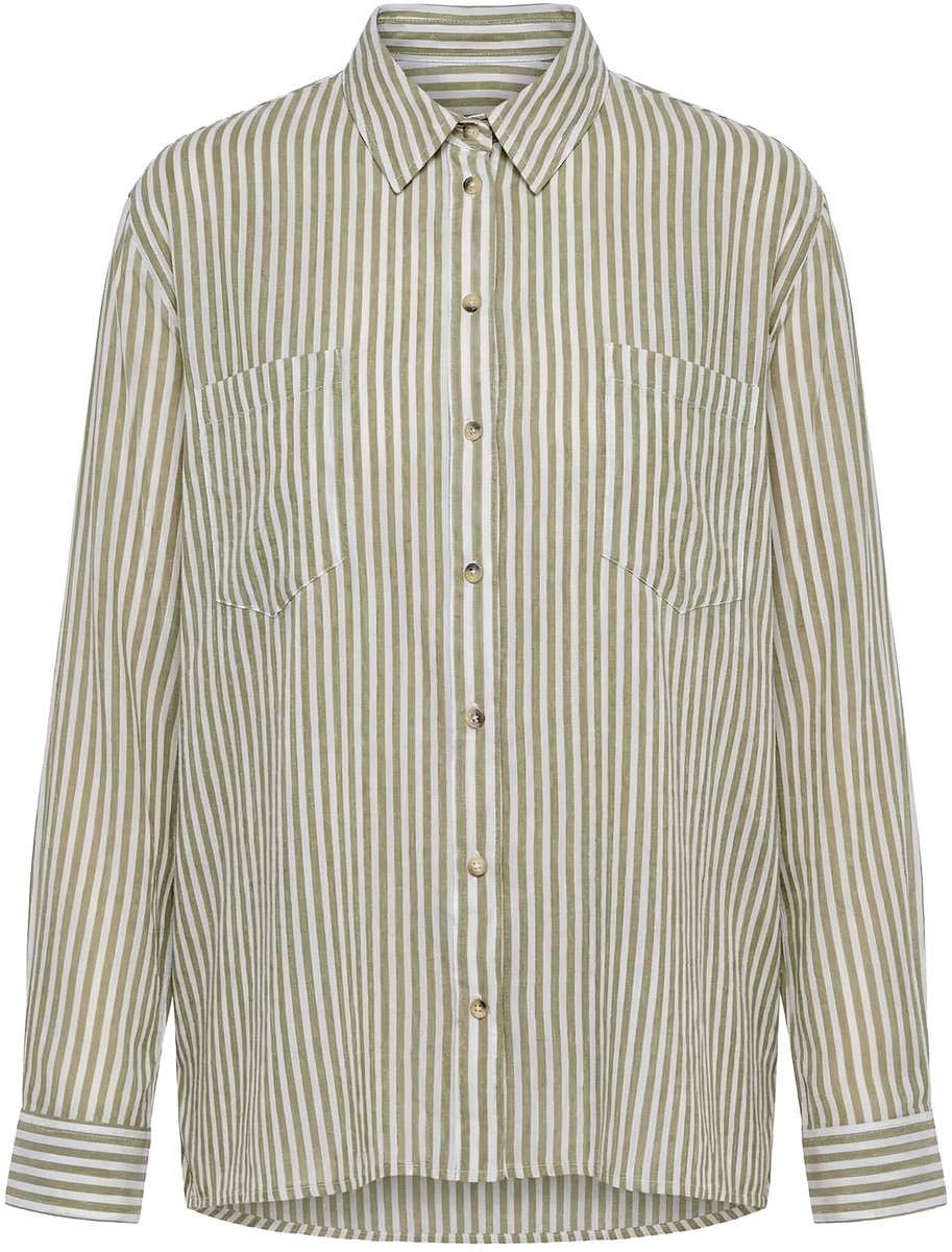 Ulla Popken - Dames - Gestreepte blouse crêpe overhemdkraag lange mouwen - Lichtkaki - Maat 58+