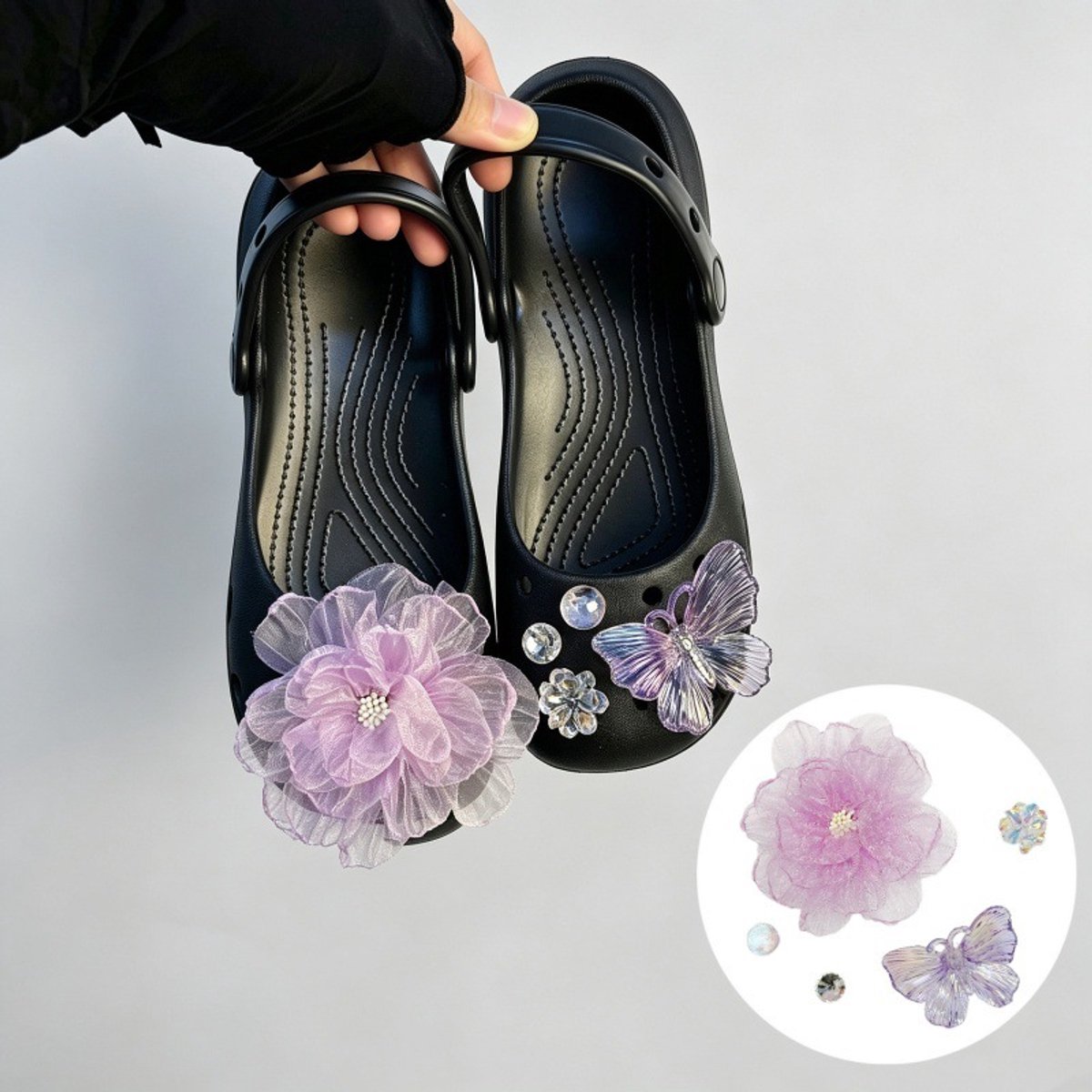 Schoenaccessoires-geschikt voor crocs charms- geschikt voor crocs pins- geschikt voor crocs Accessoires- geschikt voor Crocs Jibbitz-CJ-421 Paarse neveldoek bloemvlinder