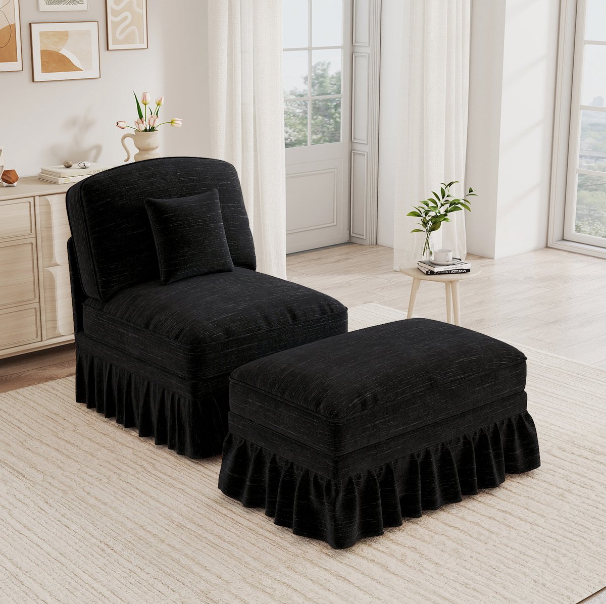 MIVRAY Fauteuil 83,5 x 78 x 93 cm - Met Hocker En Afneembare Sierrok - Voor Woonkamer En Kleine Ruimtes - Chenille Zwart