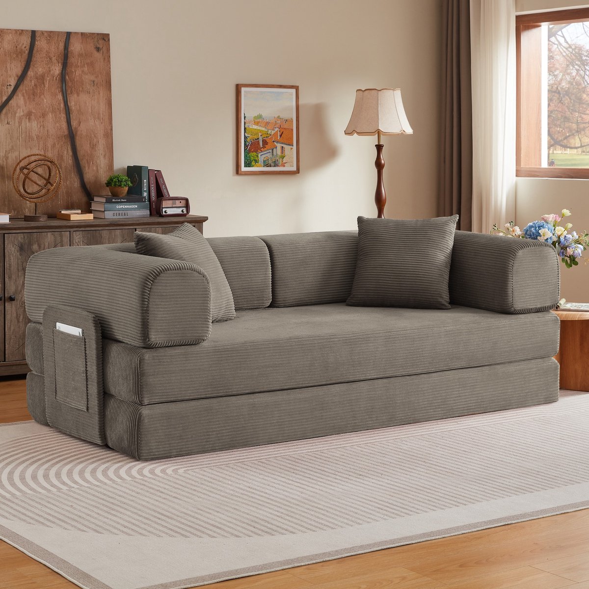 PHOEBE CAT Tweezitsbank - Uitschuifbare slaapbank - Tatami-mat - 2 kussens - Modulair ontwerp - Taupe