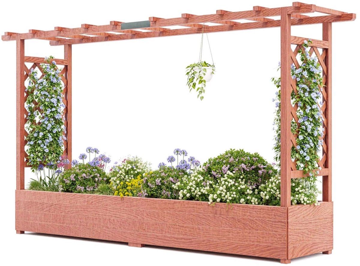 Verhoogde Plantenbak met Trellis - Met Klimrek, Luifel en Afwatering - voor tuin en balkon - 200,5x44x113,5 cm Hout - 196 x 44 x 182 cm