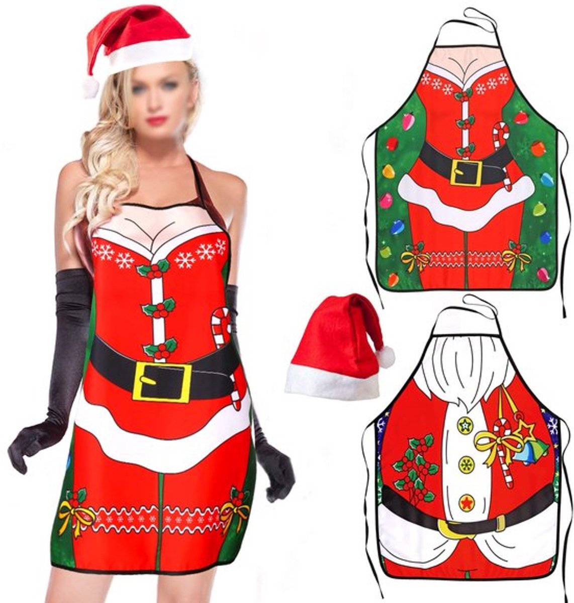 2 stuks grappige kerstschorten uniseks set voor vrouwen mannen, kerstversiering sexy paar skorten met 1 kerstmuts voor horeca keuken bakken BBQ Kerstmis kostuum accessoires