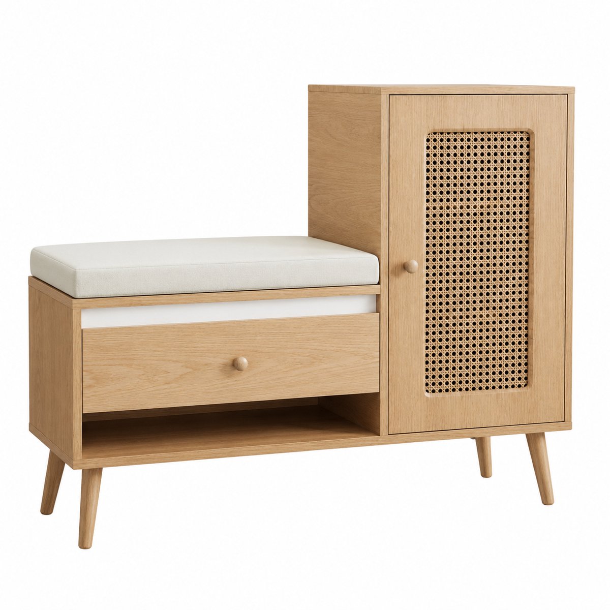 Home & Beyond® Schoenenbank met Zitkussen, Lade en Rotanlook Deur - Schoenenkast voor de Hal - Lichtgrijze Houtlook - 73 x 35 x 80,5 cm