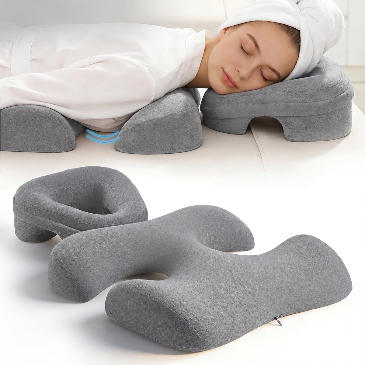 Ergonomisch gezichtskussen en borstkussenset voor massagestoel, 2-in-1 hoofdsteun met ademgat, traagschuim voor acupressuur, nekontlasting en gezichtsbehandelingen, wasbare hoes, grijs