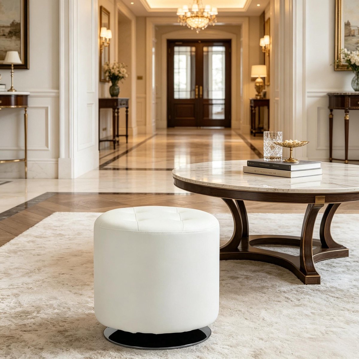 HAUSS SPOLE Voetenbankje - Ronde Draaibare Ottoman - 360 Graden Draaibaar Voor Woonkamer En Slaapkamer - Kunstleer Wit