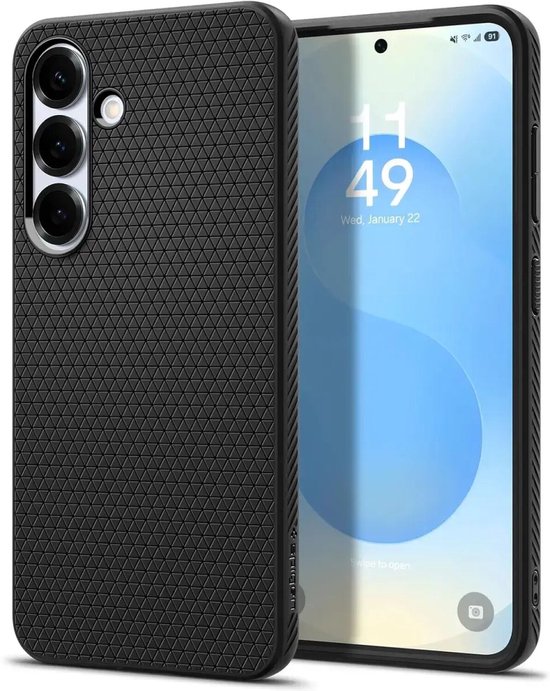 Zwart Spigen Liquid Air hoesje naast een Samsung telefoon met vergrendelingsscherm.