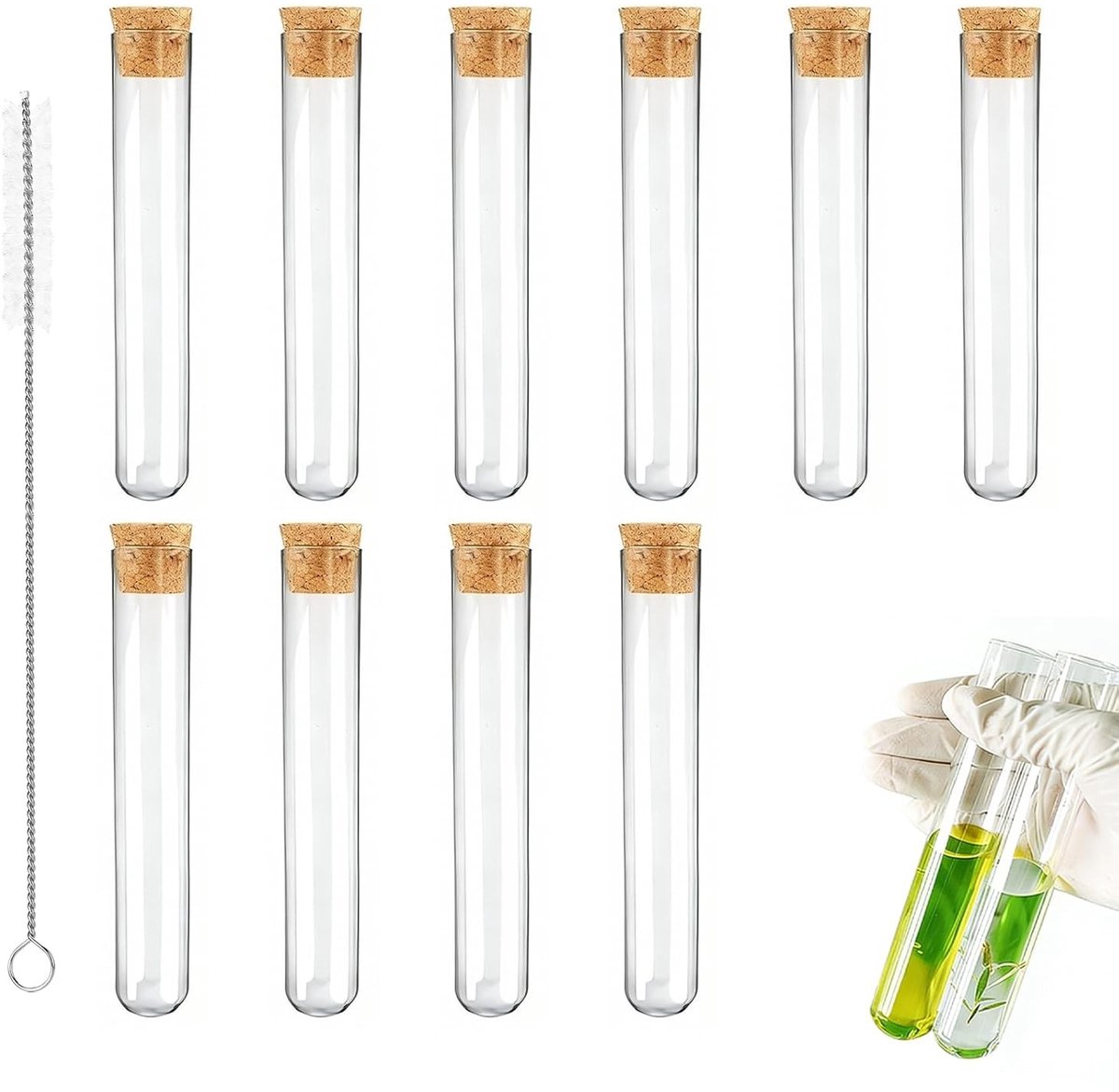 Set van 10 Transparante Plastic Proefbuizen met Kurk 16 x 150 mm voor Laboratorium, Bloemen en DIY Projecten