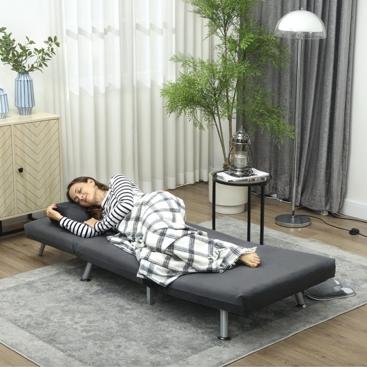 FloraGrace Fauteuil 75 x 70 x 75 cm - Opklapbaar Met Bedfunctie En Verstelbare Rugleuning - Voor Woonkamer En Logeerkamer - Polyester - Donkergrijs