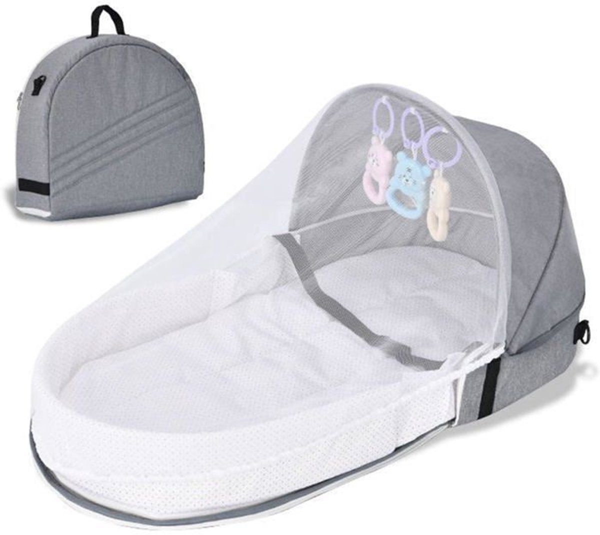 LISM-Babyreisbedje, draagbaar opvouwbaar reisbedje met afneembare en wasbare babytent en babykamer, grijs