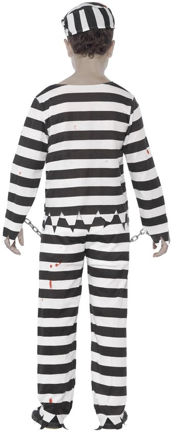 Achteraanzicht van een kind in een zwart-wit gestreept zombie-gevangenisuniform met ketting.