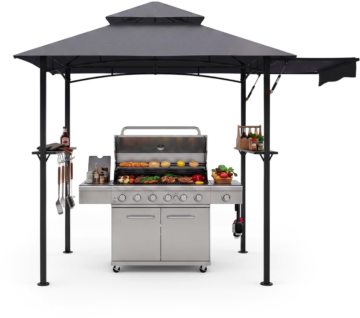 COSTWAY Grillpaviljoen Winterbestendig Weerbestendig | Grilloverkapping met uitschuifbare zijmarkies, 2 zijplanken & 8 haken, Grillafdakking voor BBQ, Tuin, Feest