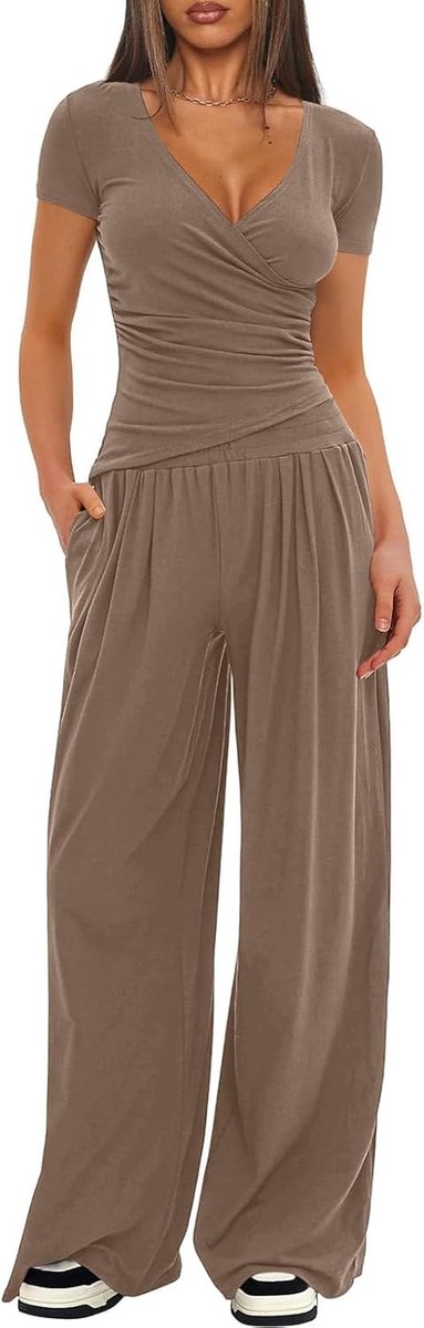 Zomerse Korte Mouwen V-Hals Loungewear Set met Brede Broeken en Zakken voor Casual Comfort, Perfect voor Yoga en Vrije Tijd