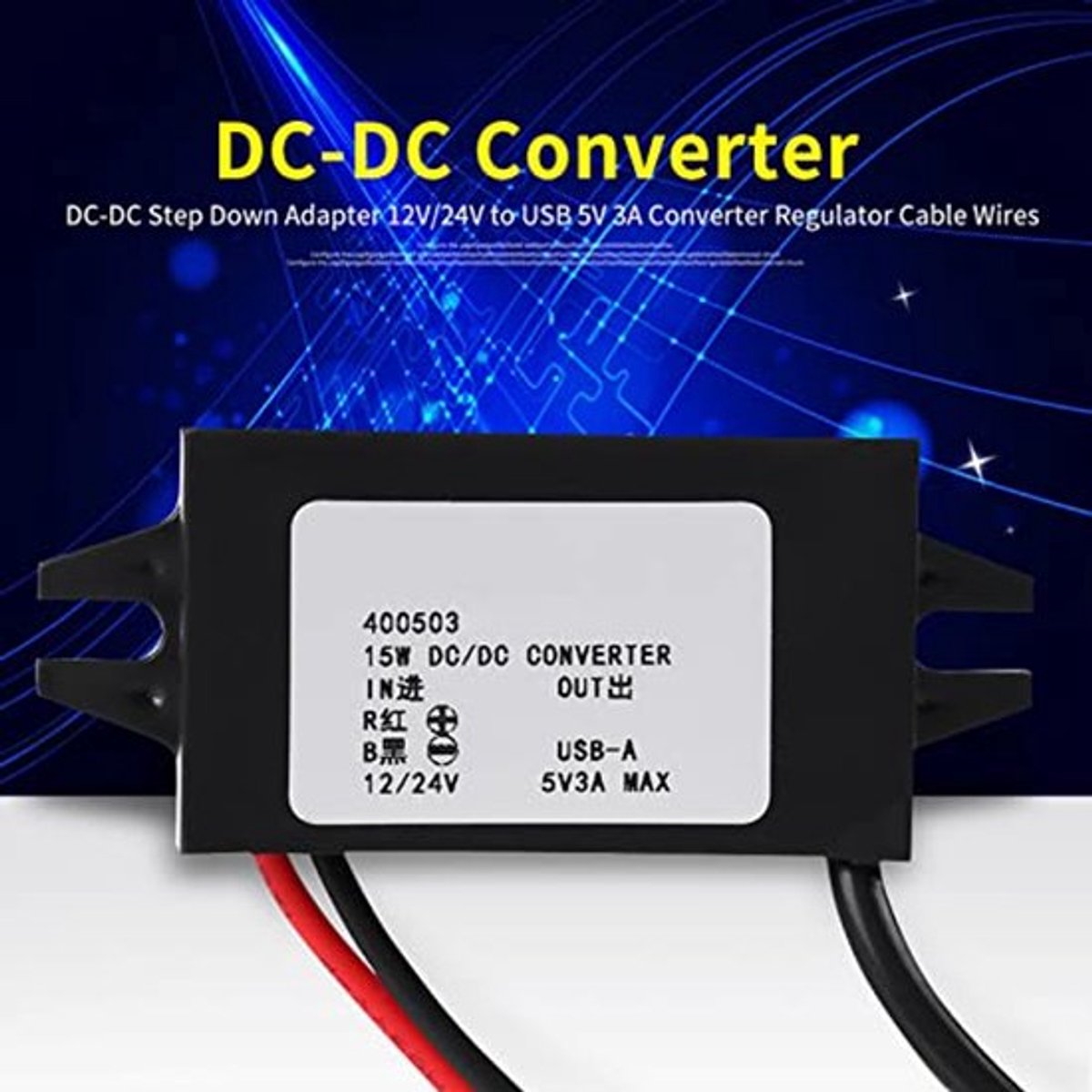1 stuk DC-DC adapter 12 V/24 V naar USB 5 V 3 A converter kabelregelaar