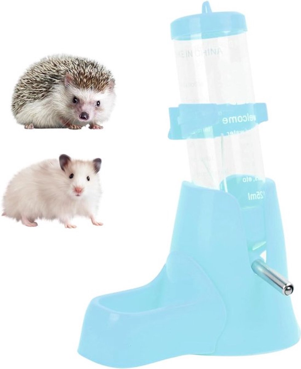Automatische blauwe hamsterwaterfles - 125 ml - inclusief voederbakje - geschikt voor haasjes, chinchilla's, egels en eekhoorns