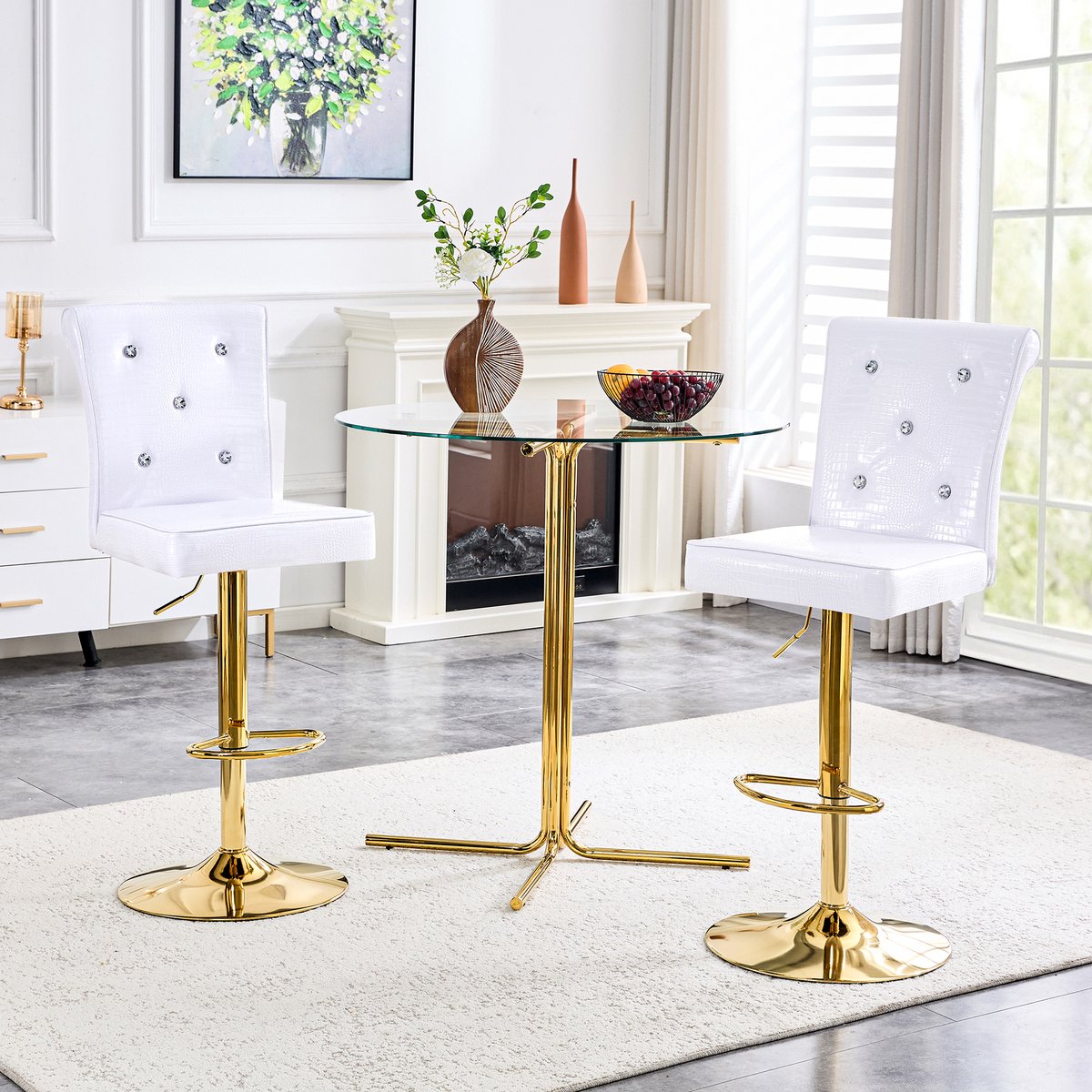 HAUSS SPOLE Eetkamerstoel - Vintage Design - Set Van 2 - Verstelbare Zithoogte Met Kristalknoopdetails - Voor Eethoek En Bar - Kunstleer Wit