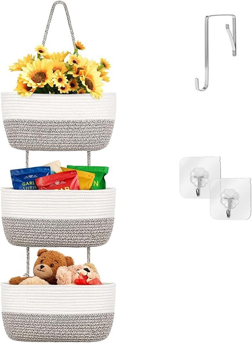 3-laags Hangende Organizer van Katoen en Jute, Wandplank voor Badkamer, Camping en Speelgoedopslag, Ideaal voor Cadeauverpakking en Organisatie