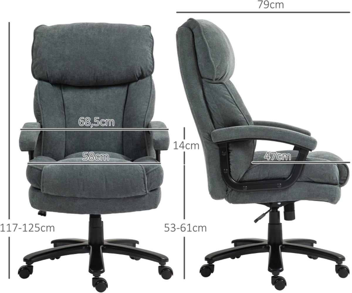 MODENUIT Bureaustoel 68,5 x 79 x 117-125 cm - Hoge Rugleuning met Wielen - Voor Kantoor - Stof Grijs