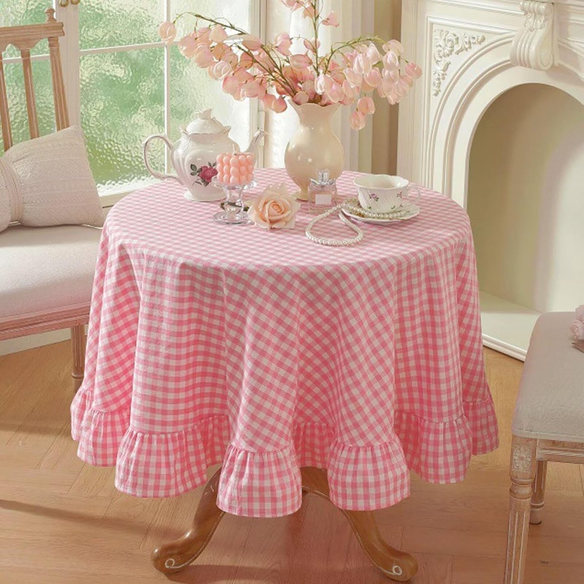 Rond tafelkleed - Geruit tafelkleed met ruches - Wasbaar katoenen tafelkleed - Tafeldecoratie - Geschikt voor eetkamers en tuinfeesten - Roze geruit - 150 cm rond