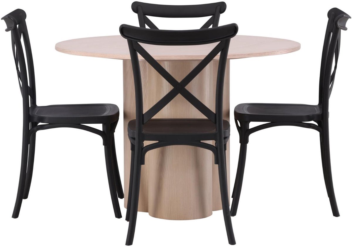 Olivia eethoek eettafel whitewash 4 stoelen kunststof zwart.