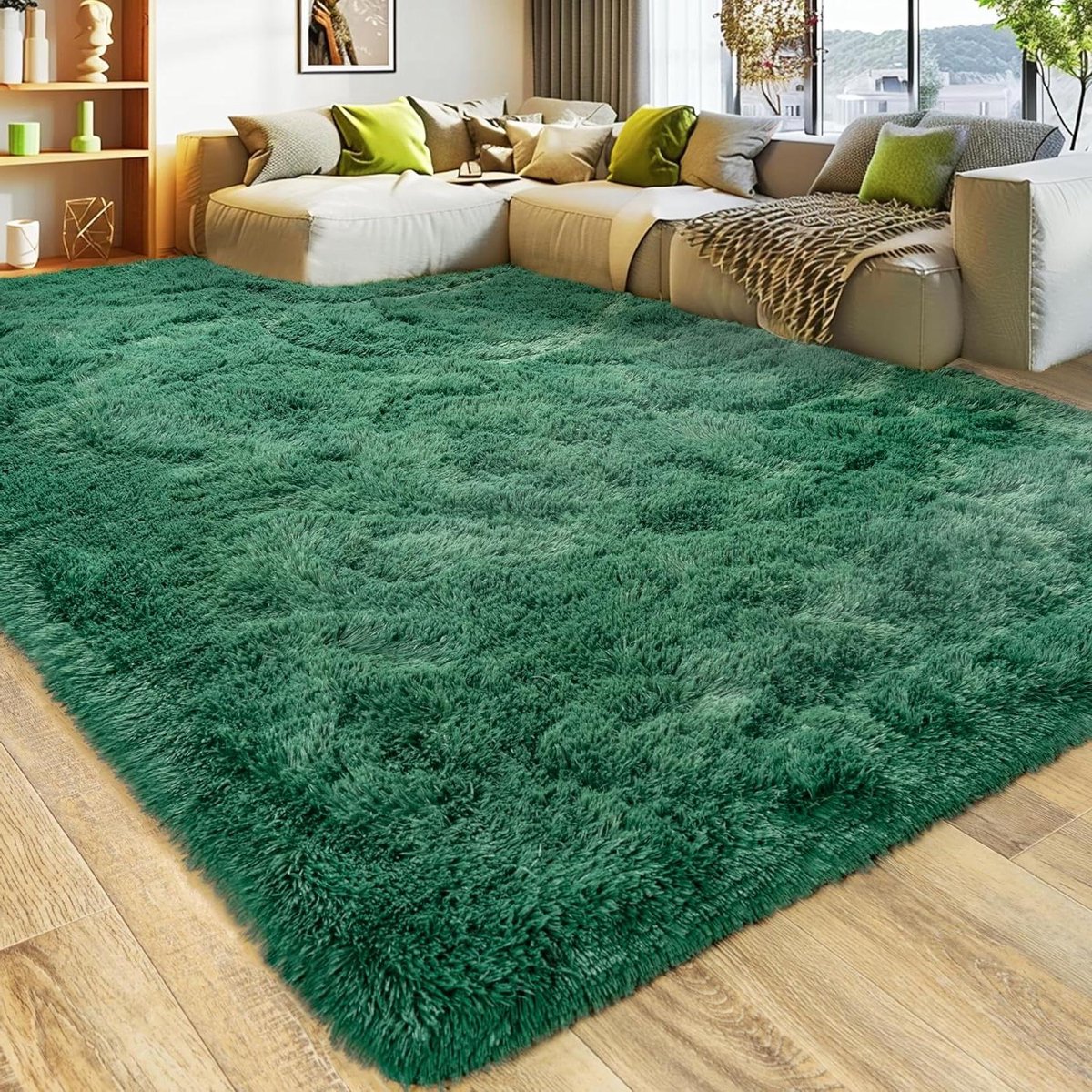 Hoogpolig Vloerkleed - Pluizig Tapijt - Woonkamer Decoratie - Antislip Onderzijde - 9x12 Feet - Donkergroen